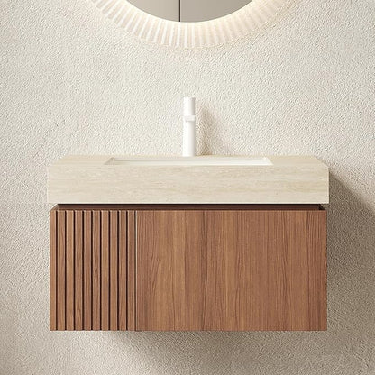 30” Floating Bathroom Vanity with Sink, Wall-Mounted Cabinet with Drawer & Doors, Roma Travertine-Pattern Countertop, Undermount Basin, Single Faucet Hole, Soft-Close, Pre-Assembled, Brown Oak