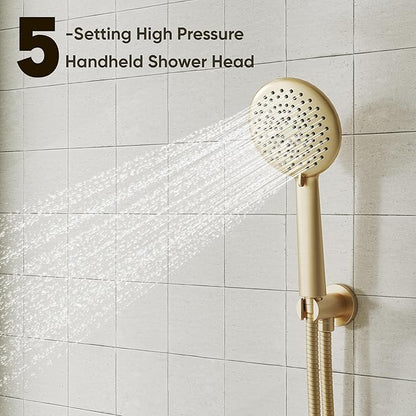 Gabrylly Gold Shower Head System, Shower Faucet Set with Pressure Balance Shower Valve, 10 Inch Shower Heads with 5-Setting handheld Spray Combo, High Pressure Shower Fixtures, Brushed Gold