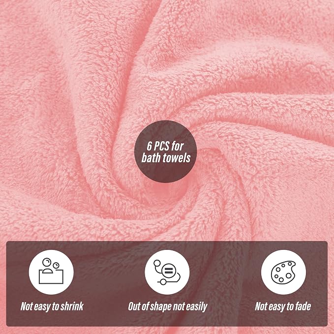 MOONQUEEN 6 Pack Premium Bath Towel Set - Quick Drying - Microfiber Coral Velvet Highly Absorbent Towels - Multipurpose Use as Bath Fitness, Bathroom, Shower, Sports, Yoga Towel (Pink)