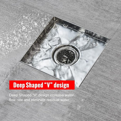 SaniteModar Shower Drain 4 inch Brushed with 2 in1 Tile Insert Cover | 304 Stainless Steel Brushed Square Shower Drain with Hair Catcher and Threaded Adapter
