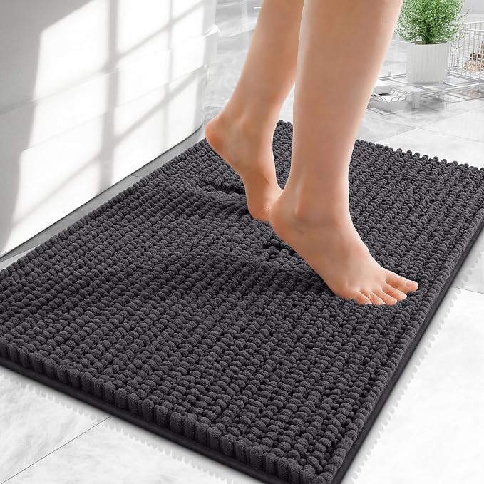 OLANLY Thick Chenille Small Bathroom Rugs Mats 24x16, Dark Grey | Soft Absorbent Bath Rugs, Rubber Backing, Machine Wash Dry, Bath Mats for Bathroom, Tub and Shower, Home Decor Accessories