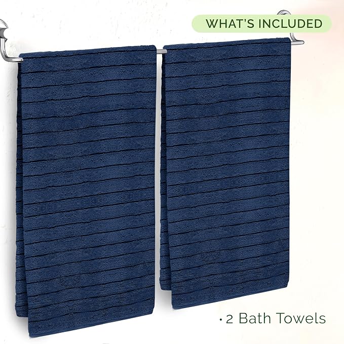 Elegant Comfort 100% Turkish Cotton Corduroy Ribbed Luxury Soft 2 Pack Bath Towels 27 x 54 Inch - Ultra Plush, Absorbent, Quick Dry, Hotel Spa Quality Towels for Bathroom Essentials, Navy