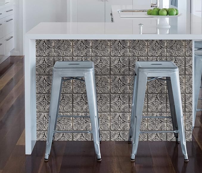 InHome NH3922 Camden Antique Silver Faux Tin Peel & Stick Backsplash Tiles, Metallic, 10 inch x 10 inch