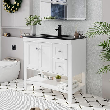 eclife 36" Bathroom Vanity with Sink Combo, Modern Painted Vanities Cabinet w/Wide Opening Storage Shelf, 2 Drawers, Soft Closing Doors and Undermount Black Sink Faucet Drain, White