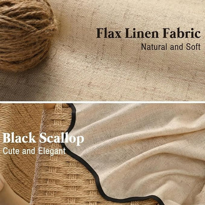 Scalloped Shower Curtain Linen Boho Flax Tan 72" W x 72" L | Linen Fabric, Black Border, Washable, Heavy Duty Cloth, Shower Curtain for Boho Farmhouse Bathroom Bathtub