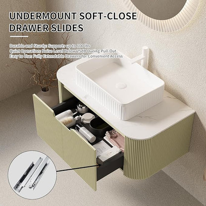 Yayzy 36" Floating Bathroom Vanity with Sink, Solid Wood Fluted Cabinet, White Fluted Square Ceramic Basin & Faux Marble Top, Soft-Close Drawer, Pre-Assembled, Light Green
