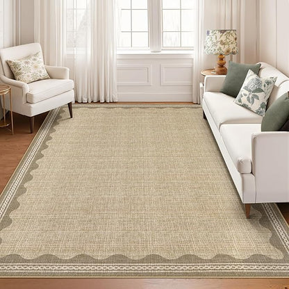 Garvee Scalloped Rug 5x7 Washable Living Room Rug Non Slip Modern Rugs Jute | Ultra Soft Non-Shedding Floor Cover Low Pile Stain-Resistant Bordered Print Throw Carpet for Bedroom Kids Room Dorm
