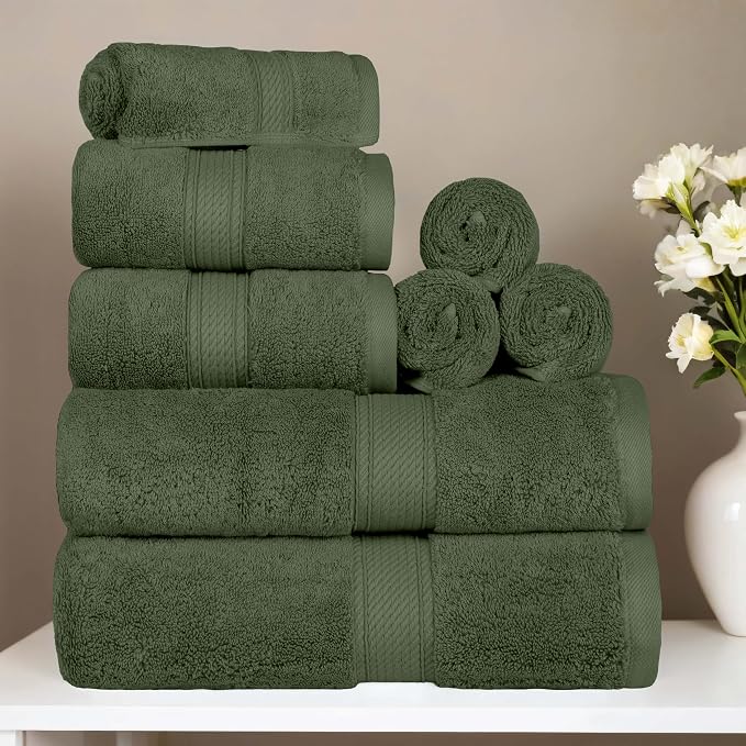 Superior Egyptian Cotton Ultra Plush & Absorbent, 8 Piece Set, Forest Green | Quick Dry, Soft Luxury Towel Set, Bath Essentials, Guest Bath, Spa, 2 Bath, 2 Hand, 4 Face Towels, Madeline Towels