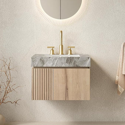 KEIKI 24 Inch Floating Bathroom Vanity with Sink, White Oak & Grey | Modern Wall Mounted Storage Cabinet with 2 Doors, Pre-assembled Wood Panels, Sintered Stone Top & Ceramic Basin Combo Set