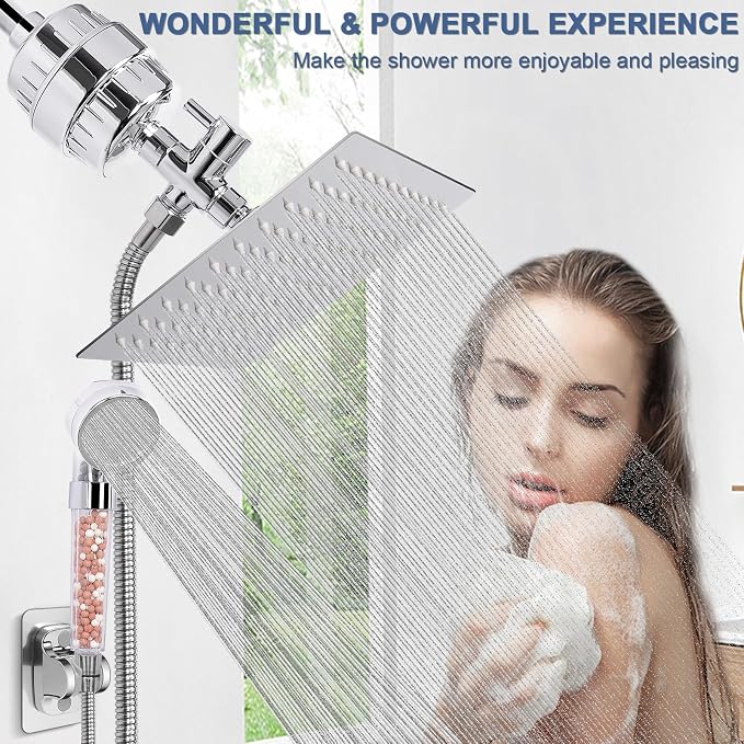 Filter Shower Head, High Pressure 8 Inch Rainfull with Filter Combo for Hard Water, Remove Chlorine Fluoride and Harmful Substances- 1 Replaceable Filter Cartridge (Square, Chrome)