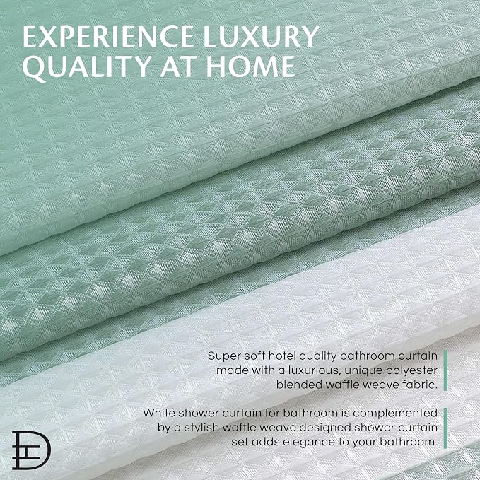 Ombre Waffle Shower Curtain with 12 Roller Ball Hooks - Spa Green 70" x 72" - Water Resistant Polyester Blend, Washable Perfect Cloth Shower Curtain for Stylish Bathrooms