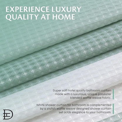 Ombre Waffle Shower Curtain with 12 Roller Ball Hooks - Spa Green 70" x 72" - Water Resistant Polyester Blend, Washable Perfect Cloth Shower Curtain for Stylish Bathrooms