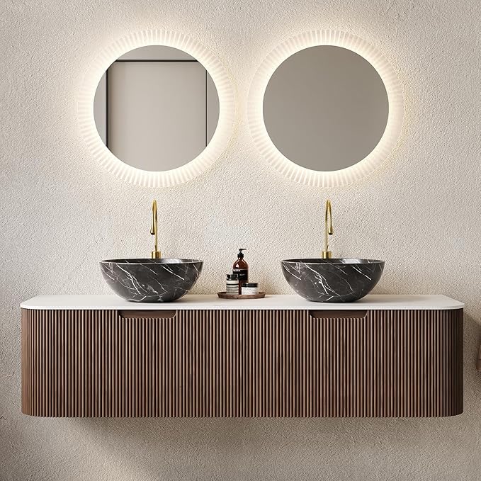 Yayzy 60" Floating Bathroom Vanity with Sink, Solid Wood Fluted Cabinet, White Marble-Patterned Ceramic Basin & Faux Marble Top, Soft-Close Drawer, Pre-Assembled, Walnut Woodgrain