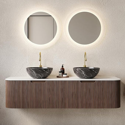 Yayzy 60" Floating Bathroom Vanity with Sink, Solid Wood Fluted Cabinet, White Marble-Patterned Ceramic Basin & Faux Marble Top, Soft-Close Drawer, Pre-Assembled, Walnut Woodgrain