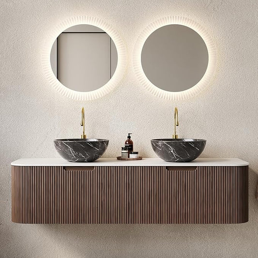 Yayzy 60" Floating Bathroom Vanity with Sink, Solid Wood Fluted Cabinet, White Marble-Patterned Ceramic Basin & Faux Marble Top, Soft-Close Drawer, Pre-Assembled, Walnut Woodgrain