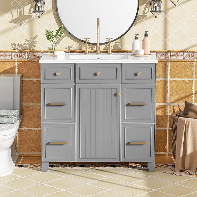 LUMISOL 36" Bathroom Vanity with Sink Top, Modern Bathroom Vanities with 3 Drawers & Cabinet, Solid Wood Bathroom Cabinet with Undermount Basin Sink, Grey