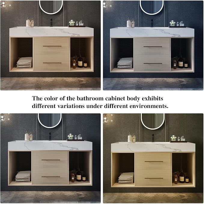 KEIKI 39.4" Bathroom Vanity with Undermount Sink Combo, Modern Floating Vanity Cabinet with 2 Drawers & Open Side Shelves, Storage Wall Mounted Cabinet for Small Space, Apricot‌
