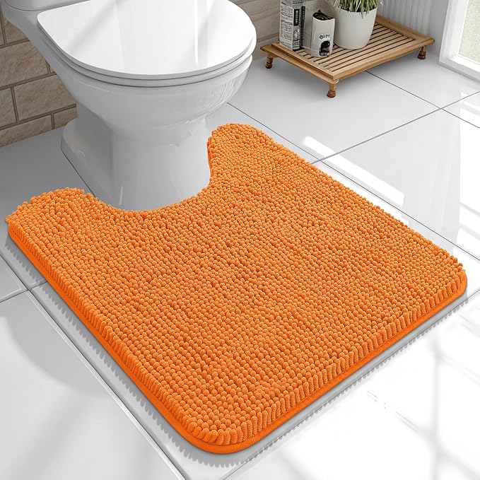 OLANLY Toilet Rugs U-Shaped 20x20, Soft Absorbent Chenille Contour Rugs | Orange, Quick-Drying Rubber Backing, Machine Washable Non-Slip Shaggy Bathroom Mat for Toilet, Home Decor Accessories