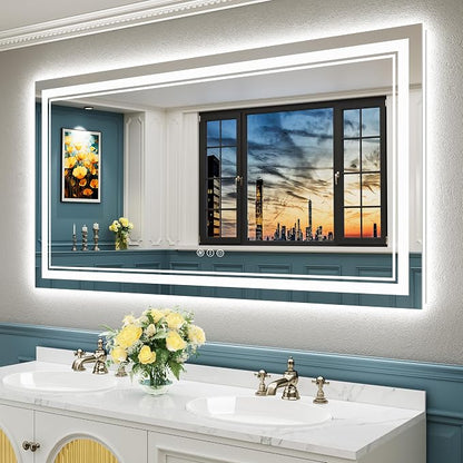 55x30 LED Bathroom Mirror, Backlit & Front Lit Lighted Mirror | Anti-Fog Vanity Mirror with Lights, 3 Color Dimmable, Memory, Shatterproof, Tempered Glass, CRI95, UL Listed, Wall Mounted