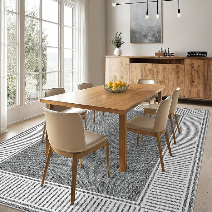 Garvee Bordered Area Rug 5x7 Washable Living Room Rug Non Slip Rugs Grey | Modern Ultra Soft Non-Shedding Floor Cover Low Pile Stain-Resistant Lines Print Throw Carpet for Bedroom Kids Room Dorm