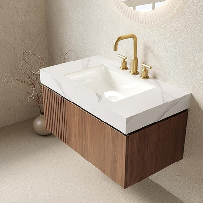 KEIKI 36 Inch Floating Bathroom Vanity with Sink, Brown Oak & White | Modern Wall Mounted Storage Cabinet w/ Drawer & Door, Pre-assembled Wood Panels, Sintered Stone Top & Ceramic Basin Combo Set