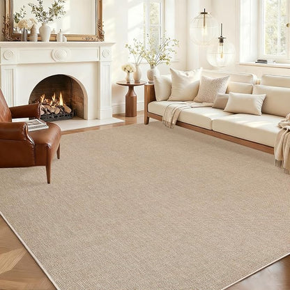 Garvee Large Washable Rug 9x12 Modern Solid Rugs for Living Room Tan | Non Slip Woven Textured Bedroom Rug Ultra-Thin Non-Shedding Farmhouse Carpet Neutral Foldable Throw Rugs for Bedroom Office