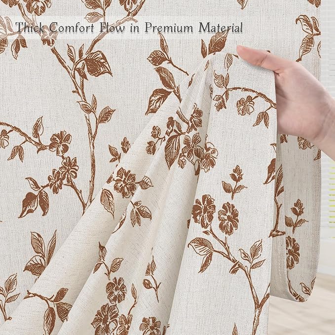 MitoVilla Brown Linen Floral Shower Curtain for Bathroom, 72 x 72 | Brown BoHo Cottagecore Spring Shower Curtains, Modern Farmhouse Country Plant Leaves Bathroom Décor, 72 x 72