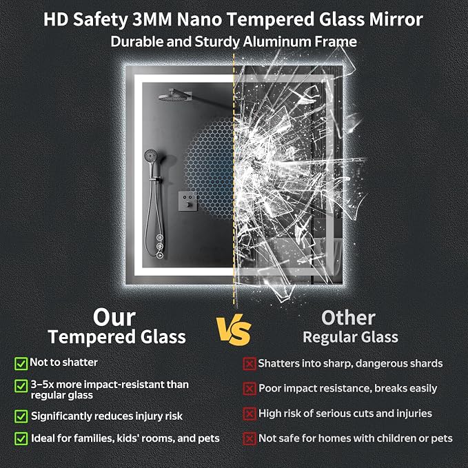 47"x47" LED Bathroom Mirror with Lights, Backlit+Frontlit, Anti-Fog | CRI 95, Stepless Dimmable, 3 Colors Lighting, Shatterproof Tempered Glass, HD Reflection, Memory, (Horizontal/Vertical)