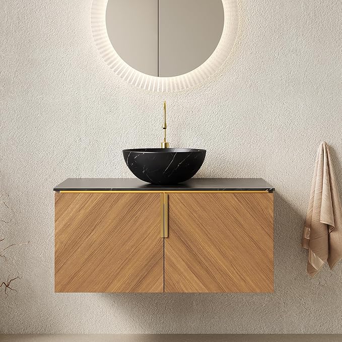36 Inch Bathroom Vanity with Sink Combo, Floating Vanity Bathroom with Vessel Sink, Modern Bathroom Vanity Cabinet with Doors, Sintered Stone Countertop and Black Bowl Sink,Brown Oak