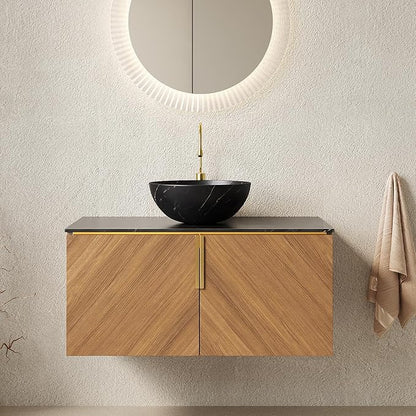 36 Inch Bathroom Vanity with Sink Combo, Floating Vanity Bathroom with Vessel Sink, Modern Bathroom Vanity Cabinet with Doors, Sintered Stone Countertop and Black Bowl Sink,Brown Oak
