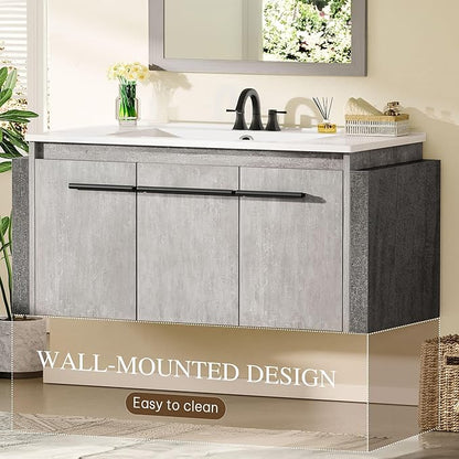 DWVO Modern 36" Bathroom Vanity with Sink Combo, Wall Mounted, White + Gray, 2 Soft-Close Doors, 1 Large Storage Cabinet, Ceramic Sink, Bathroom Storage