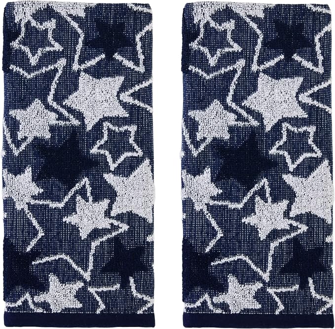 SKL Home Seasonal Stars Hand Towel Set-2pc, 100% Cotton Jacquard, Navy | Fun for Memorial Day, 4th of July, Labor Day & all patriotic holidays. For use in the bathroom, kitchen or bar.
