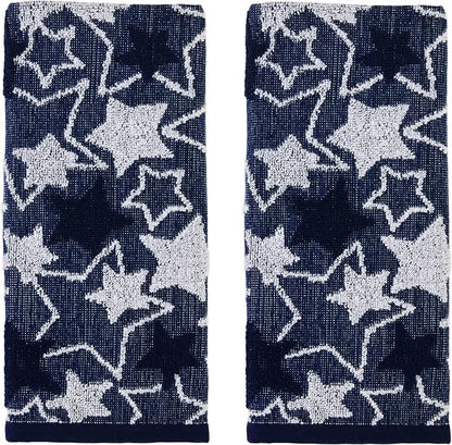 SKL Home Seasonal Stars Hand Towel Set-2pc, 100% Cotton Jacquard, Navy | Fun for Memorial Day, 4th of July, Labor Day & all patriotic holidays. For use in the bathroom, kitchen or bar.