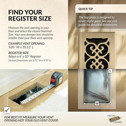 Decor Grates SPH610-A Scroll Design Floor Register, 6x10, Antique Brass Finish