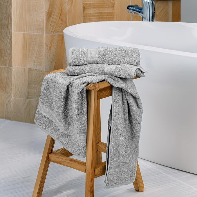 Large Bath Towels Set of 6 – 100% Cotton Terry – 24" x 50" – Quick Dry, Soft & Highly Absorbent – Light Grey Towels for Bathroom, Gym, Spa, Pool & Daily Use