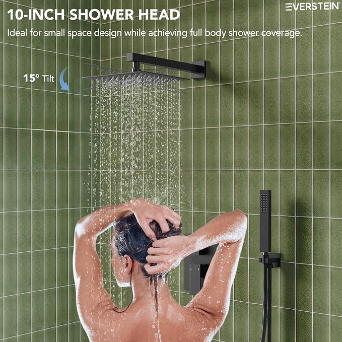 Shower Tub Faucet Set, 10" Bathroom Rainfall Shower Head Fixtures Combo with Handheld Spray and Tub Spout, Matte Black (Valve Included)