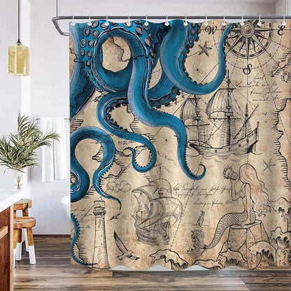 Fungarth Long Vintage Nautical Octopus Shower Curtain Navy Blue Mermaid Funny Ocean Kraken Shower Curtains for Bathroom Cool Anchor Coastal Map Waterproof Fabric Bath Curtain Decor (Retro, 72” x 78”)