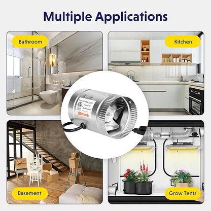 iPower 4 Inch Inline Booster, 100 CFM Exhaust HVAC, Duct Blower for Bathroom, Kitchen, Basement, Attic and Grow Tent, 4'' Fan, Silver