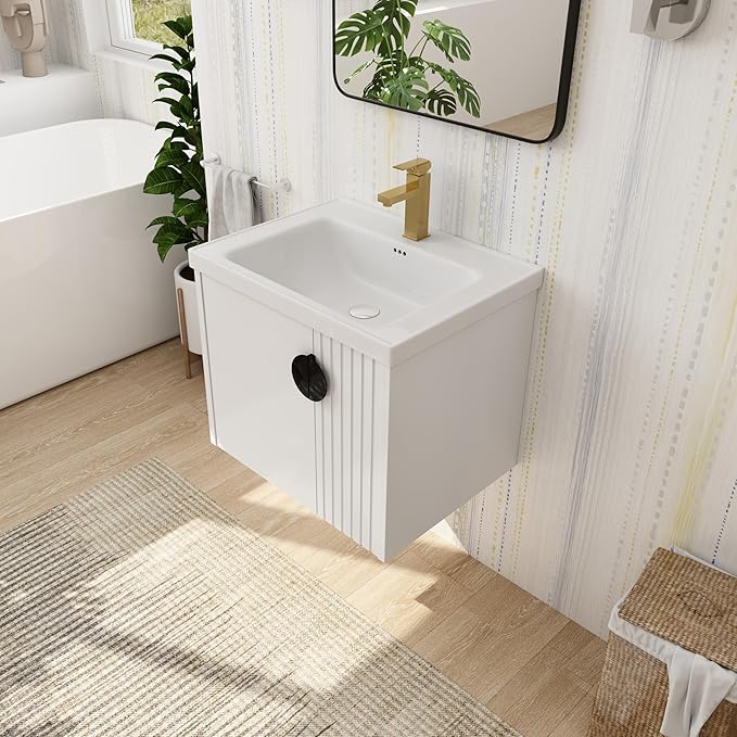 SSLine 24" Wall-Mount Bathroom Vanity Modern Floating Bathroom Vanity Set with Ceramic Sink Basin & Storage Cabinet 24-Inch Luxury White Small Bathroom Vanities with Round Metal Handles