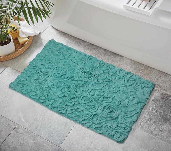 Home Weavers Bell Flower Collection 100% Cotton Tufted Bath Rugs, Extra Soft and Absorbent Bath Rugs, Non-Slip Bath Mats, Machine Washable, Bathroom Bath Mats for Floor, 24"x40" Rectangle, Turquoise