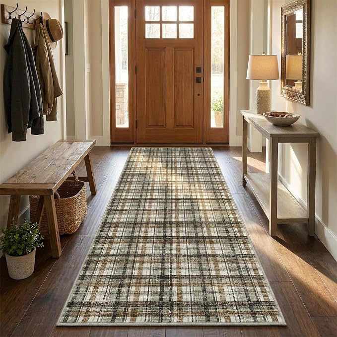 Washable Runners for Hallways 2x10 Rug Modern Bathroom Rugs Non Slip Kitchen Rugs Farmhouse Low Pile Entryway Rug Soft Stain Resistant Carpet for Laundry Hallway Bedside, 2'x10' Celadon&Coffee