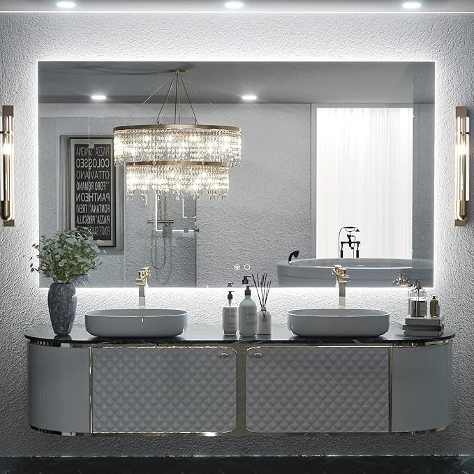Keonjinn 48 x 28 Inch LED Bathroom Mirror with Backlit, Anti-Fog, CRI90+ HD Dimmable Vanity Mirror, High Lumen, Horizontal/Vertical Wall Mount, UL Listed Lighted Vanity Mirror, Waterproof