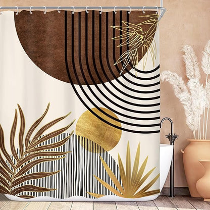 Mid Century Boho Abstract Modern Sun Minimalist Bathroom Shower Curtain Set | 60Wx72H Arch Golden design, waterproof HD print with fast-drying fabric and 12 hooks.