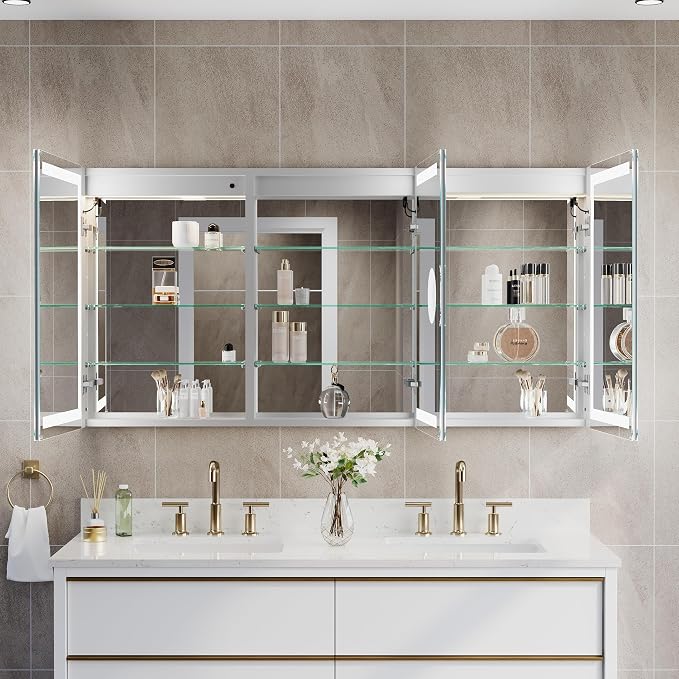 60" X 30" Bathroom Mirror Medicine Cabinet with 3X Magnification Makeup Mirror, LED Mirrored Cabinet, Bathroom Storage Mirror Cabinet, Recessed or Surface, Three Opening Doors