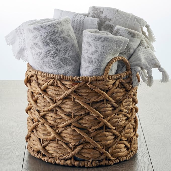 SKL Home Distressed Leaves Bath Towel Set-4pc, 100% Turkish Cotton, Gray | 2 Bath towels, 2 hand towels. 600 GSM weight. Spa-level quality. Soft & absorbent, reversible jacquard.