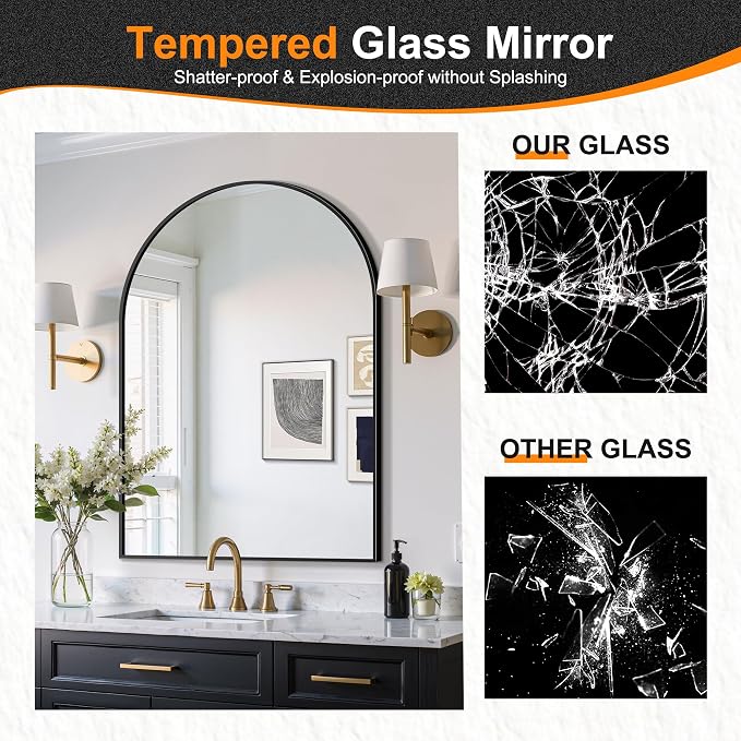 Arched Bathroom Mirror, 28"x40", Black | Wall Mounted, Vanity Mirror, For Bedroom, Living Room and Entryway