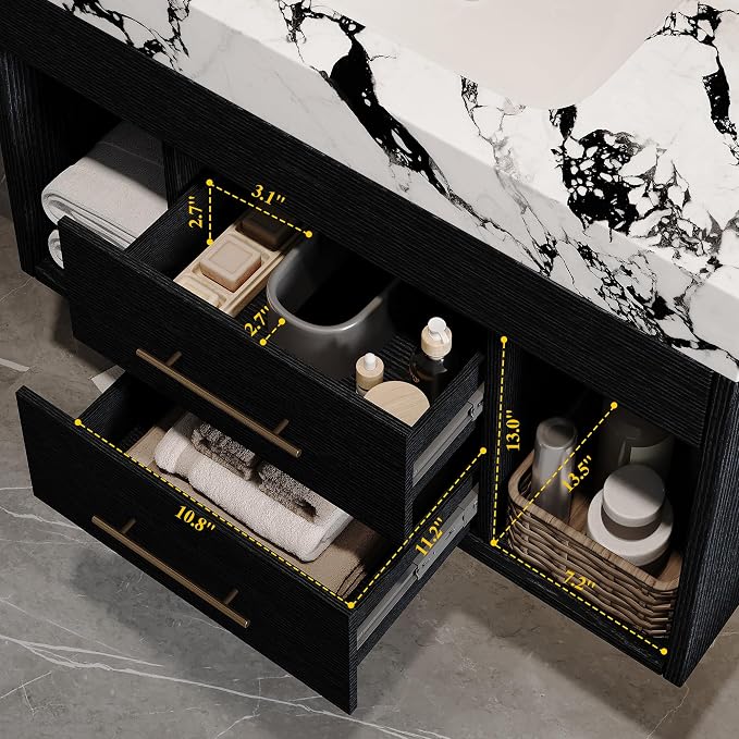 KEIKI 29.9" Bathroom Vanity with Undermount Sink Combo, Modern Floating Vanity Cabinet with 2 Drawers & Open Side Shelves, Storage Wall Mounted Cabinet for Small Space, Black Marbe
