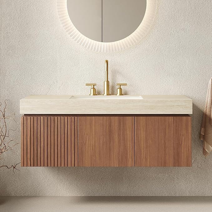 48” Floating Bathroom Vanity with Sink, Wall-Mounted Cabinet with Drawer & Doors, Roma Travertine-Pattern Countertop, Undermount Basin, 3 Faucet Hole, Soft-Close, Pre-Assembled, Brown Oak