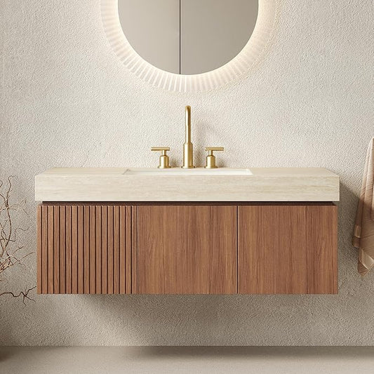 48” Floating Bathroom Vanity with Sink, Wall-Mounted Cabinet with Drawer & Doors, Roma Travertine-Pattern Countertop, Undermount Basin, 3 Faucet Hole, Soft-Close, Pre-Assembled, Brown Oak