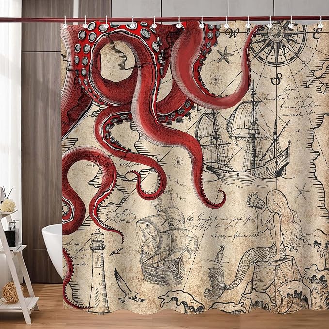 Fungarth 84 Inch Extra Long Vintage Red Nautical Octopus Shower Curtain Mermaid Funny Ocean Kraken Shower Curtains for Bathroom Cool Coastal Map Waterproof Fabric Bath Curtain (Retro1, 72” x 84”)